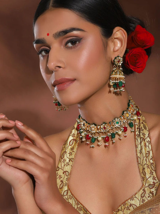 Gold Plated Red Green Kundan Neckpiece With Earrings