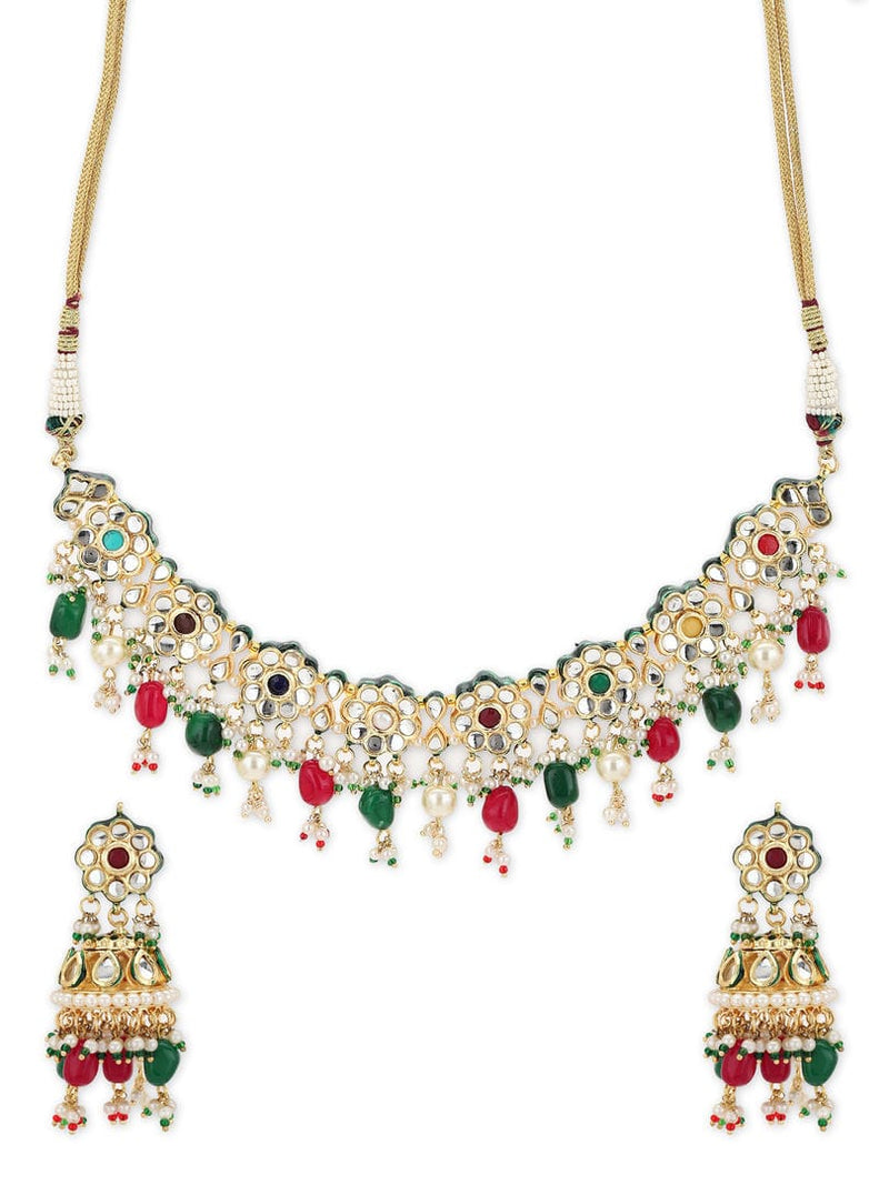 Gold Plated Red Green Kundan Neckpiece With Earrings