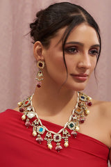 Gold Plated Kundan Polki & Navaratna Stones Handcrafted Long Necklace Set