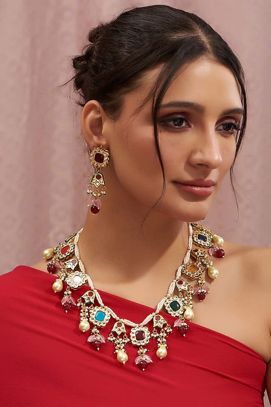Gold Plated Kundan Polki & Navaratna Stones Handcrafted Long Necklace Set