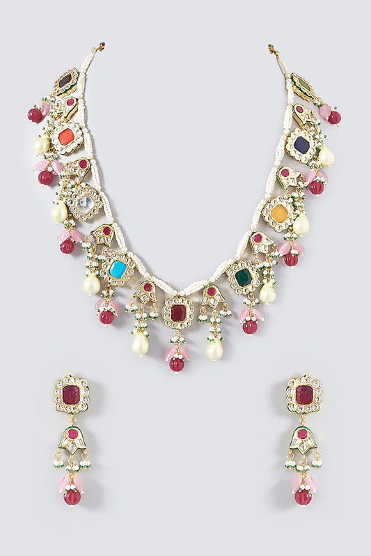Gold Plated Kundan Polki & Navaratna Stones Handcrafted Long Necklace Set
