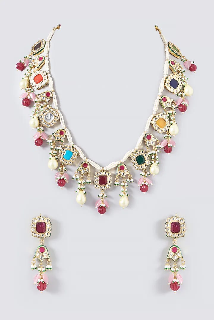 Gold Plated Kundan Polki & Navaratna Stones Handcrafted Long Necklace Set