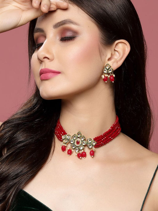 Gold Plated Red Beaded Necklace Set