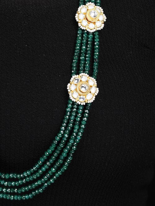 Gold Plated Long Kundan Onyx Necklace Set