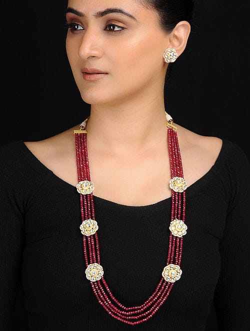 Gold Plated Long Kundan Onyx Necklace Set