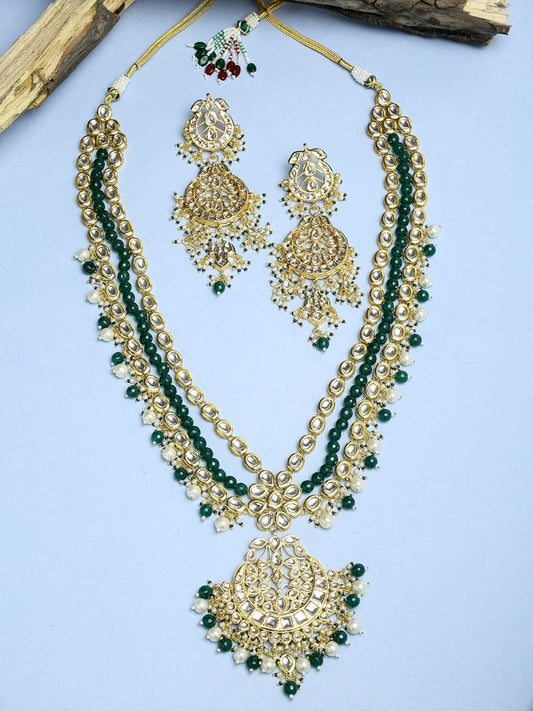 Gold-Plated Green & White Faux Kundan-Studded & Faux Pearl Beaded Handcrafted Jewellery Set