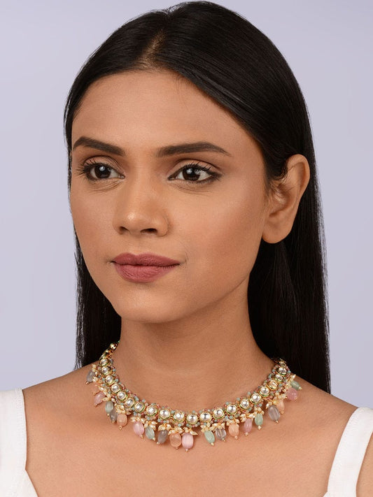Gold Toned & Multicoloured Gold Plated Choker Necklace