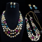 Gold Tone Pearl Stones Necklace With Earrings