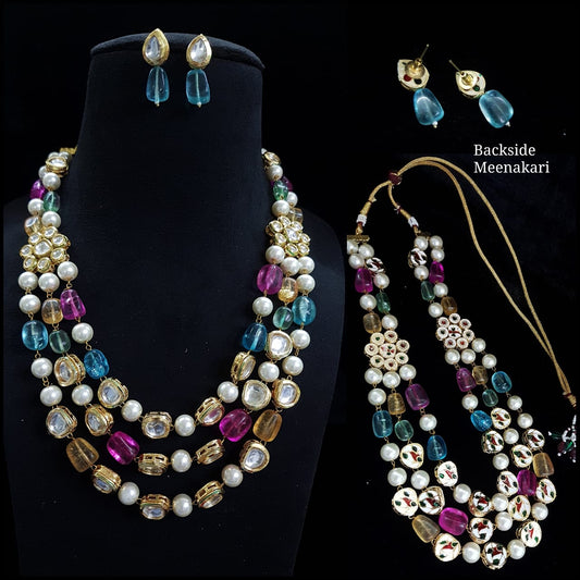 Gold Tone Pearl Stones Necklace With Earrings