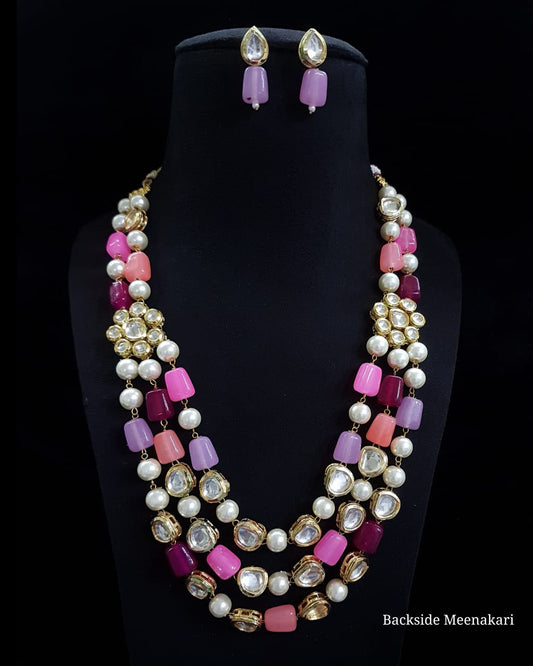 Gold Tone Pearl Stones Necklace With Earrings