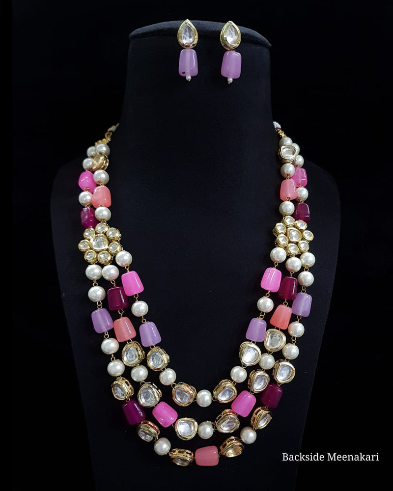 Gold Tone Pearl Stones Necklace With Earrings