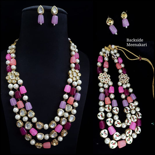 Gold Tone Pearl Stones Necklace With Earrings