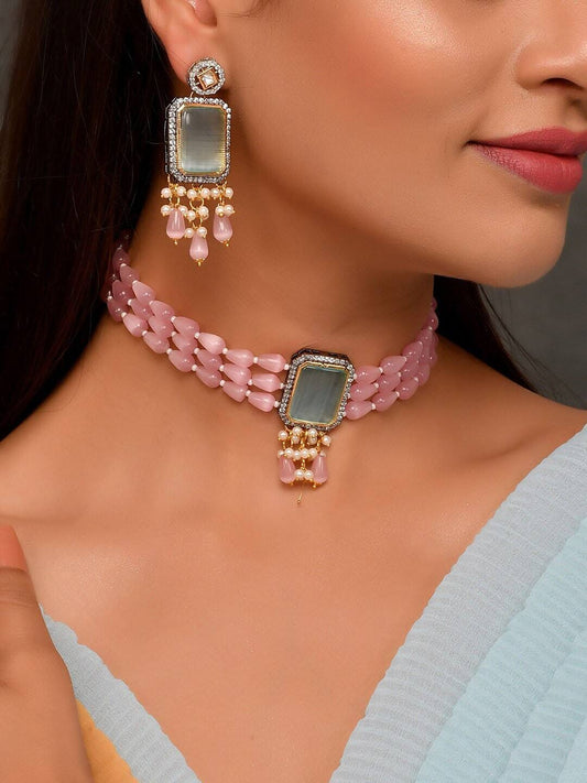 Womens Gold Plated Green Stone Designer Necklace Set