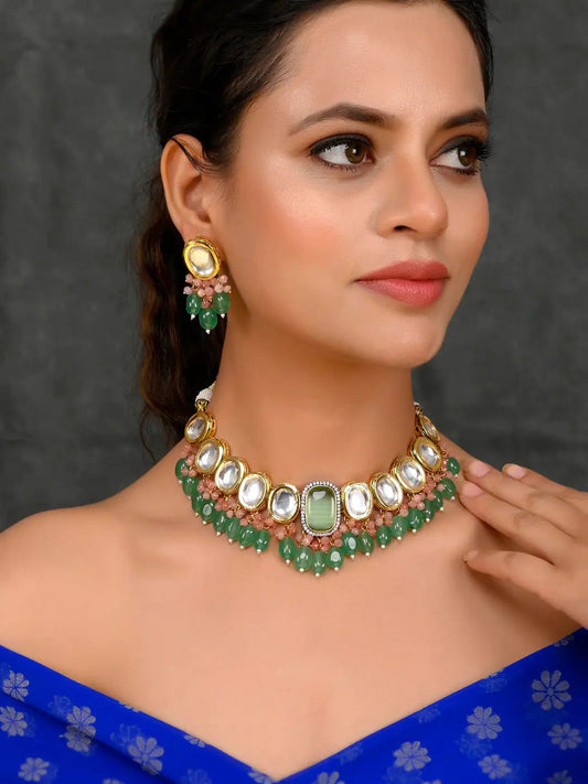 Womens Gold Plated Green Stone Designer Necklace Set