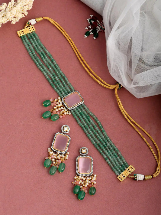 Womens Gold Plated Pink Stone Designer Necklace Set