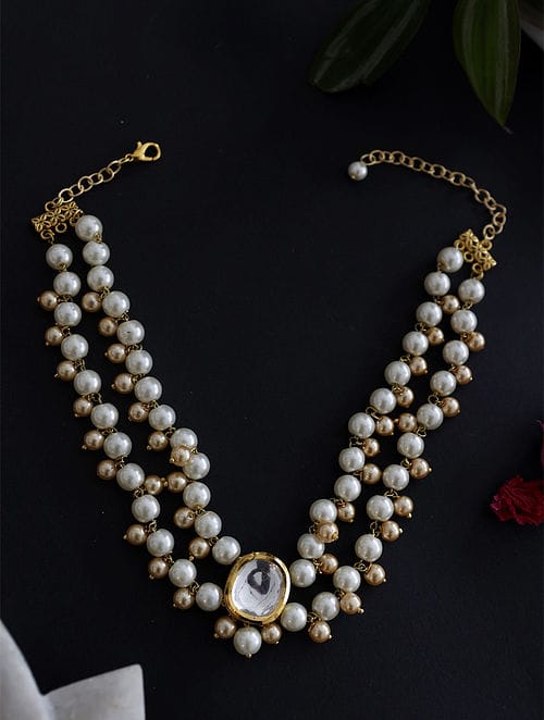 Gold Tone Kundan & Pearl Necklace Set