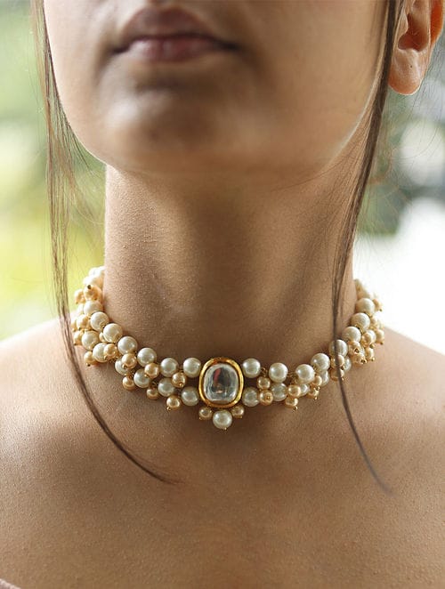 Gold Tone Kundan & Pearl Necklace Set