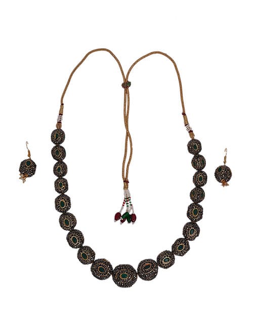 Gold Finish Green & Black Stone Mala Set