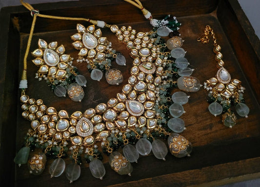 WEAR ME EXCLUSIVE KUNDAN CHOKER WITH REAL FLUORITE STONE HANGINGS INCUDING EARRINGS AND MAANGTIKKA