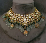 WEAR ME EXCLUSIVE KUNDAN CHOKER WITH REAL FLUORITE STONE HANGINGS INCUDING EARRINGS AND MAANGTIKKA