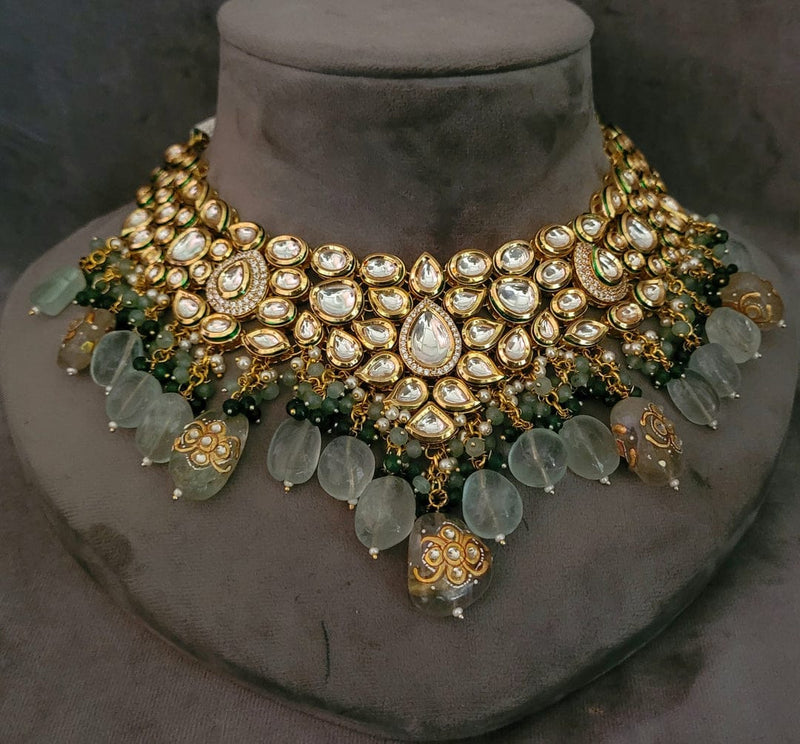 WEAR ME EXCLUSIVE KUNDAN CHOKER WITH REAL FLUORITE STONE HANGINGS INCUDING EARRINGS AND MAANGTIKKA