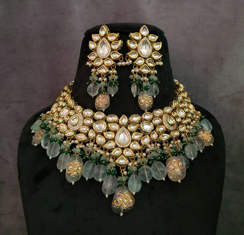 WEAR ME EXCLUSIVE KUNDAN CHOKER WITH REAL FLUORITE STONE HANGINGS INCUDING EARRINGS AND MAANGTIKKA