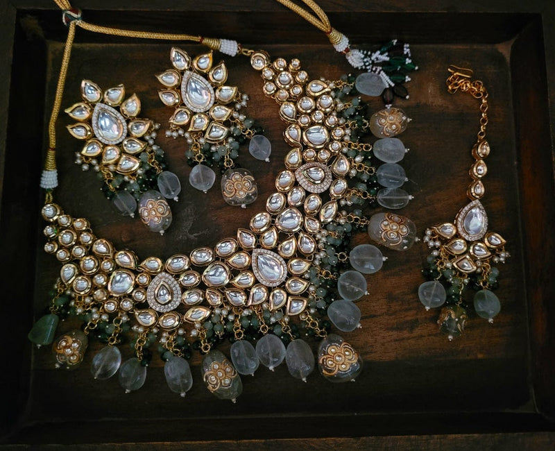 WEAR ME EXCLUSIVE KUNDAN CHOKER WITH REAL FLUORITE STONE HANGINGS INCUDING EARRINGS AND MAANGTIKKA