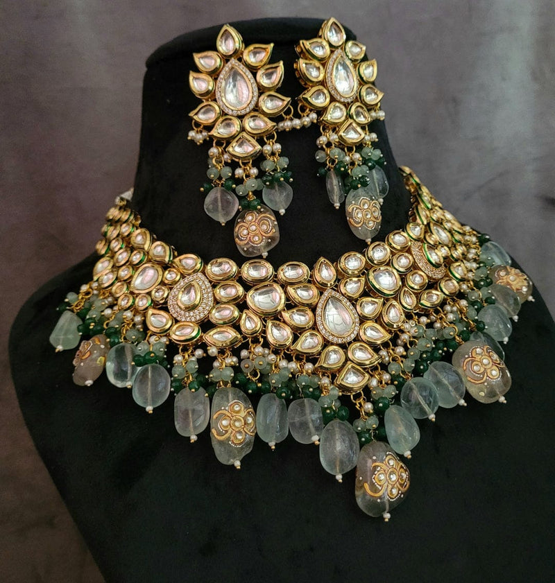 WEAR ME EXCLUSIVE KUNDAN CHOKER WITH REAL FLUORITE STONE HANGINGS INCUDING EARRINGS AND MAANGTIKKA