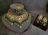 WEAR ME EXCLUSIVE KUNDAN CHOKER WITH REAL FLUORITE STONE HANGINGS INCUDING EARRINGS AND MAANGTIKKA