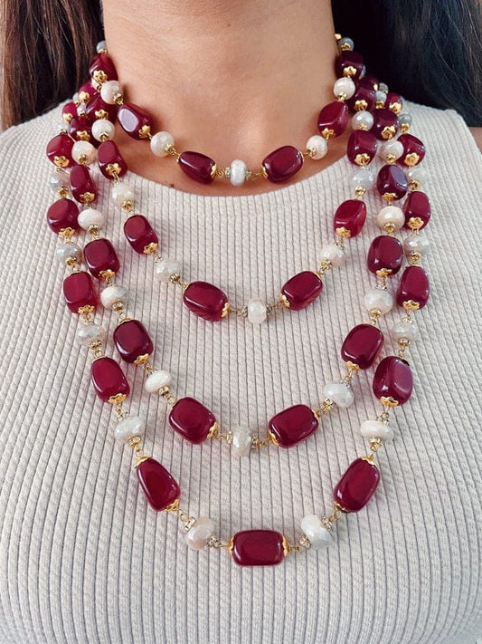 Gold Plated Pearl & Precious Carved Red Beaded Necklace