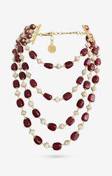 Gold Plated Pearl & Precious Carved Red Beaded Necklace