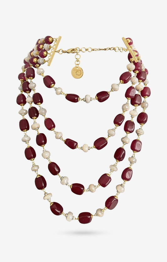 Gold Plated Pearl & Precious Carved Red Beaded Necklace