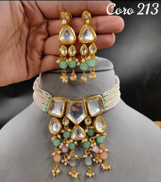 Gold Plated Kundan Necklace Set With Earrings