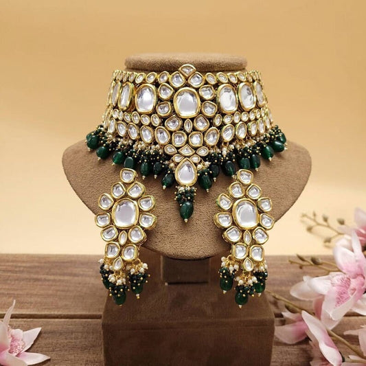 Gold Plated Kundan Necklace Set With Earrings & Maangtika