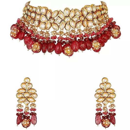 Gold Plated Kundan Necklace Set With Earrings