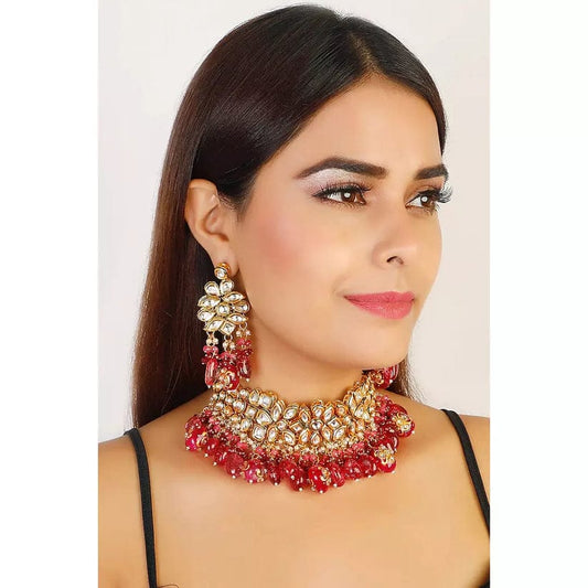 Gold Plated Kundan Necklace Set With Earrings