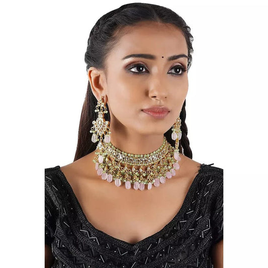 Gold Plated Kundan Necklace Set With Earrings
