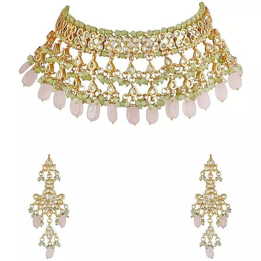 Gold Plated Kundan Necklace Set With Earrings