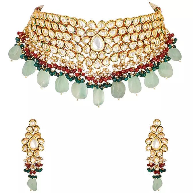 Gold Plated Kundan Necklace Set With Earrings
