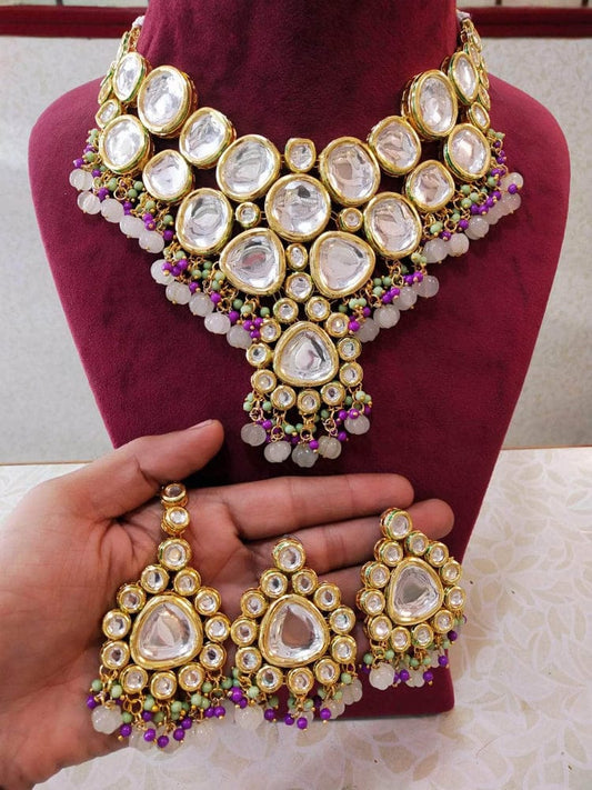 Gold Toned Kundan Necklace With Earrings & Mangtika
