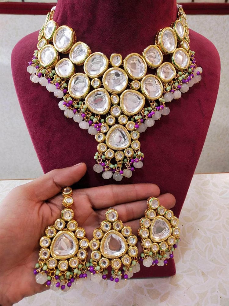Gold Toned Kundan Necklace With Earrings & Mangtika