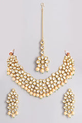 Gold Plated Kundan Polki & Pearls Bridal Necklace Set