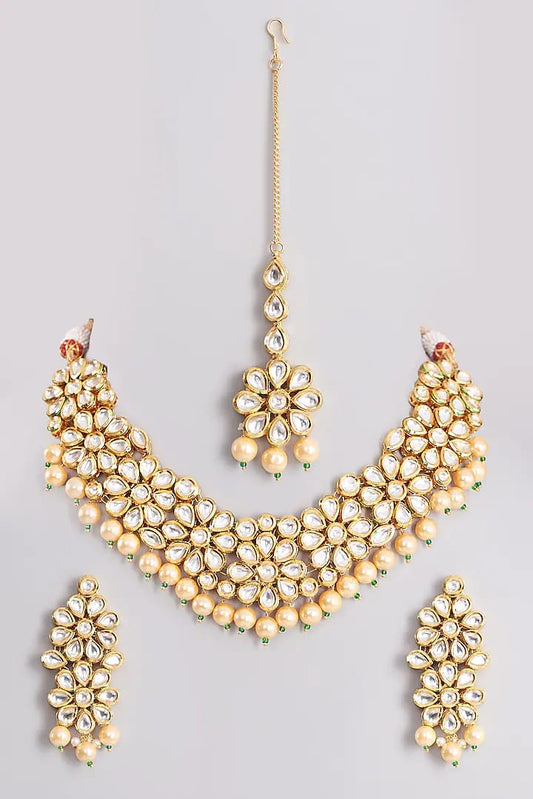 Gold Plated Kundan Polki & Pearls Bridal Necklace Set
