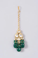 Gold Plated Kundan Studded & Beads Beaded Necklace With Earrings & Matha Patti