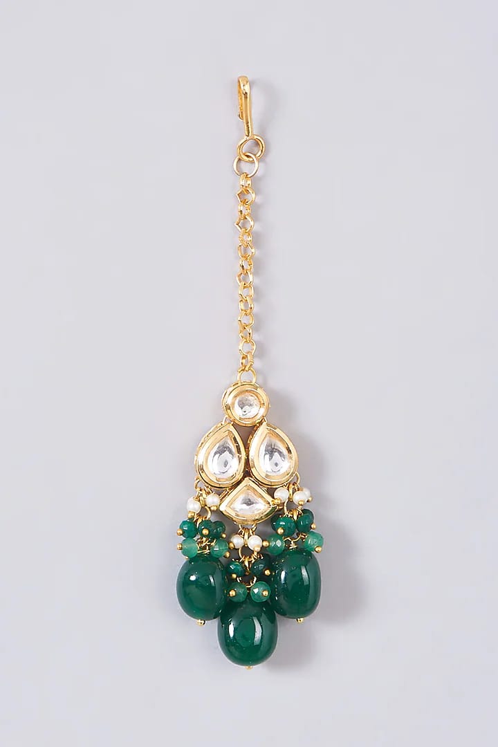Gold Plated Kundan Studded & Beads Beaded Necklace With Earrings & Matha Patti