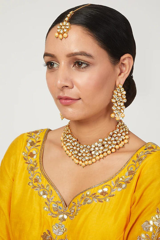 Gold Plated Kundan Polki & Pearls Bridal Necklace Set