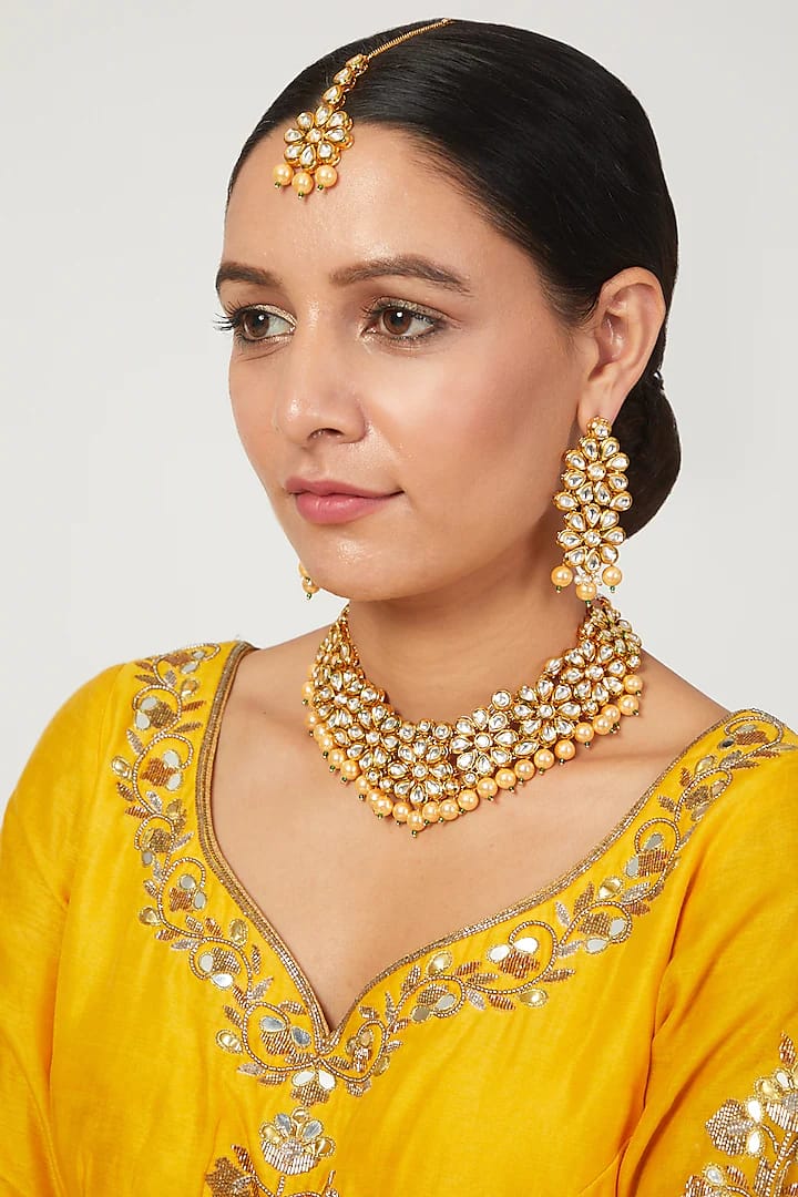 Gold Plated Kundan Polki & Pearls Bridal Necklace Set