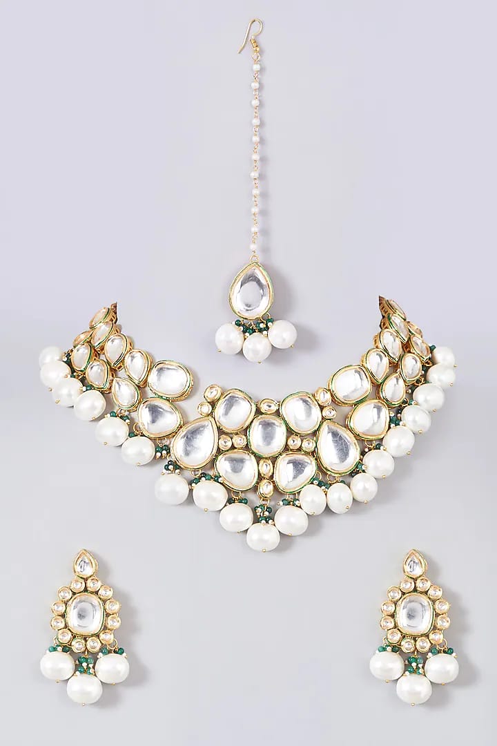 Gold Finish Kundan Polki & Pearl Necklace Set