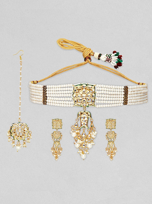 Gold Plated White Pearl Kundan Choker Necklace Set