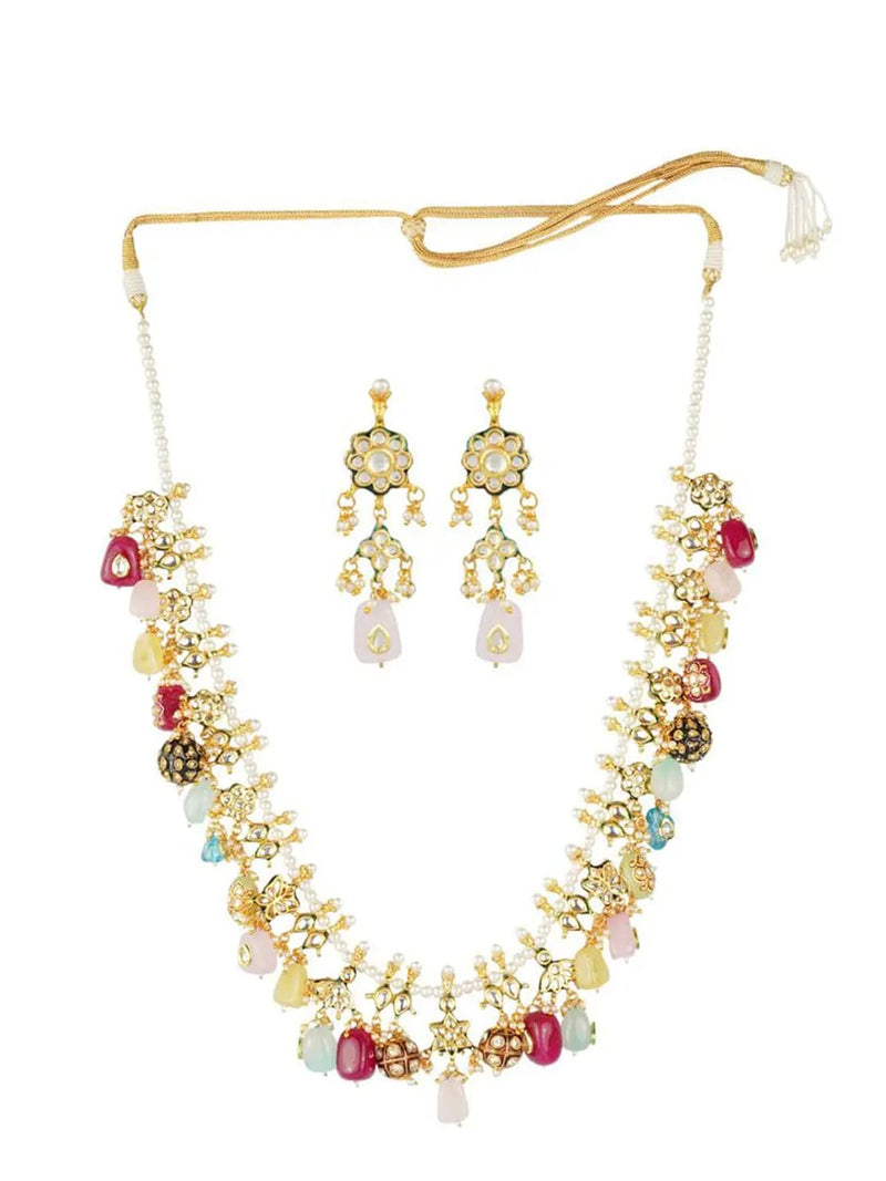 Gold Plated Kundan Elegant Navratna Multi Color Necklace Set